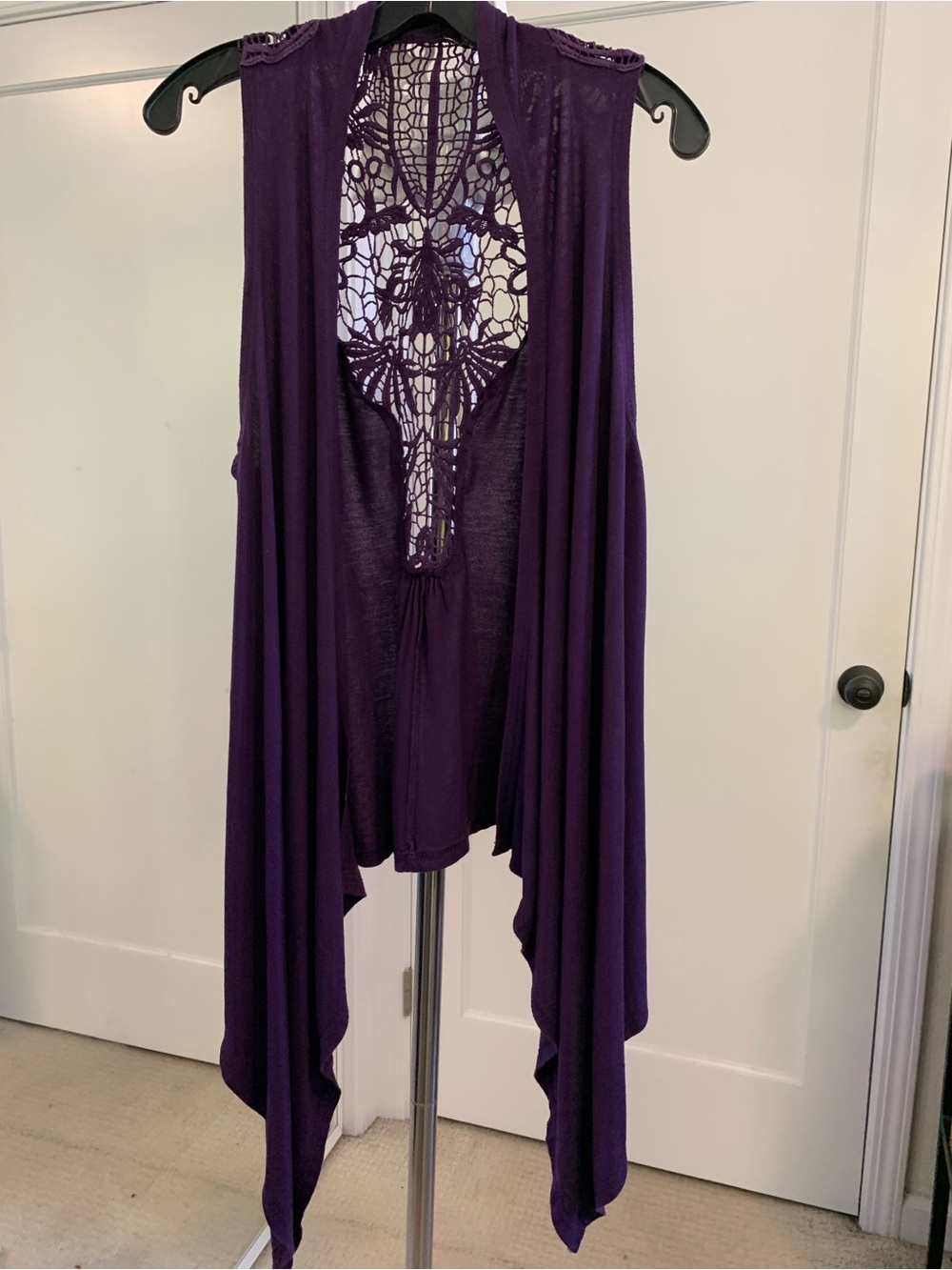 Sleeveless Draped Crochet-Back Vest in Deep Purple Women’s Large Asymmetrical - Picture 2 of 16